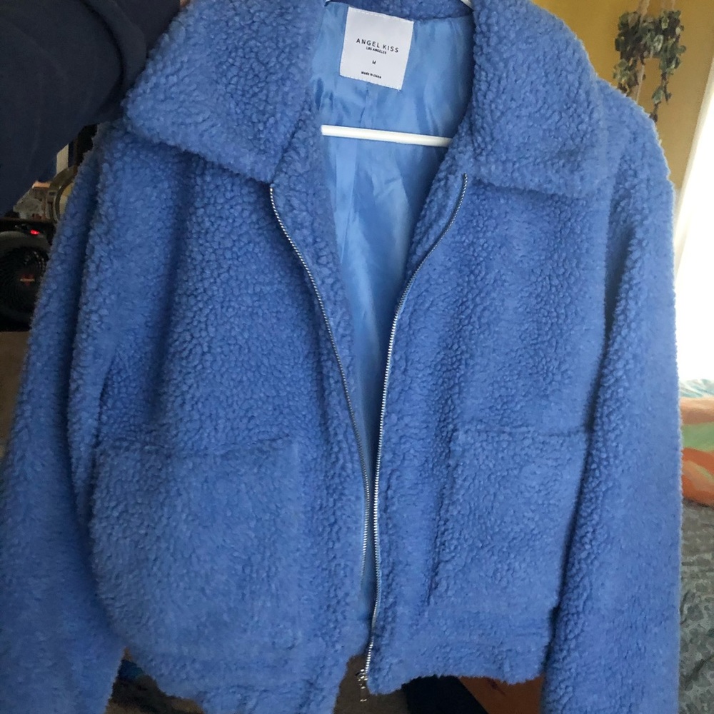 blue fuzzy jacket